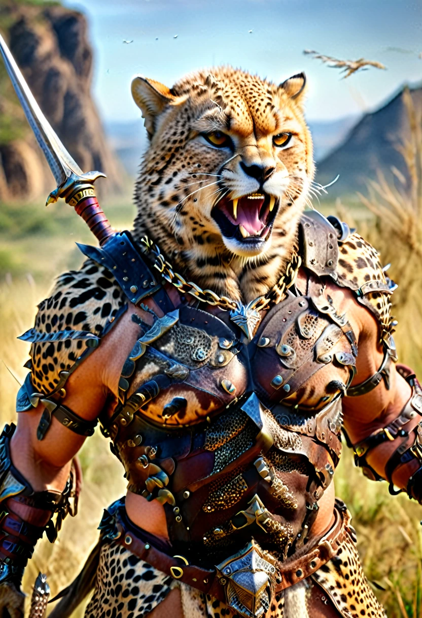 a close up portrait of male  (cheetah anthomorph: 1.5) as barbarian warrior, muscled  (cheetah anthomorph: 1.5), wearing leather armor, bare chested, necklace of fangs, armed with a spear, deep feline eyes, intent gaze, roaring with mouth full of fangs, wild savannah background, sense of awe, sense of fear, wildness in its might and glory, best details, best quality, highres, ultra wide angle, 16k, [ultra detailed], masterpiece, best quality, (extremely detailed), photorealistic, Cinematic Hollywood Film, Spear and Shield