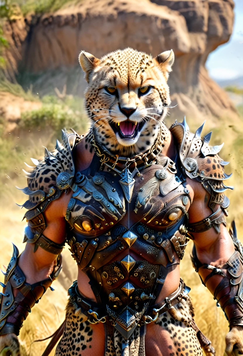 a close up portrait of male  (cheetah anthomorph: 1.5) as barbarian warrior, muscled  (cheetah anthomorph: 1.5), wearing leather armor, bare chested, necklace of fangs, armed with a spear, deep feline eyes, intent gaze, roaring with mouth full of fangs, wild savannah background, sense of awe, sense of fear, wildness in its might and glory, best details, best quality, highres, ultra wide angle, 16k, [ultra detailed], masterpiece, best quality, (extremely detailed), photorealistic, Cinematic Hollywood Film, Spear and Shield