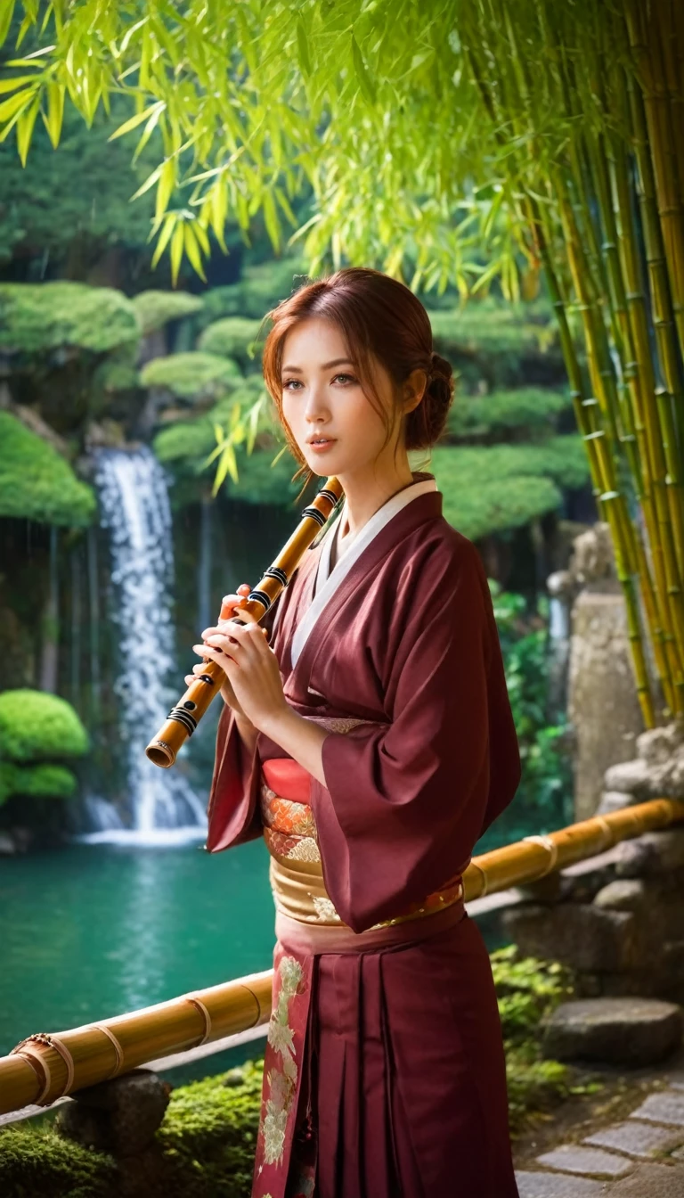 girl in traditional Japanese dress playing bamboo flute, large cherry tree, flowing waterfall, ancient house lit up with lights, reddish brown, medium length hair, wavy hair, no bangs, green eyes. beautiful girl, detailed eyes, detailed face, detailed hands, quiet morning atmosphere, electronic focus, warm light, elegant rose petals, Japanese natural garden, majestic beautiful blue lake in the background, peaceful mountains, mysterious mist, warm color effect, delicate bokeh effect, shallow DOF, Takashi Hiroaki's style, Japanese ink painting, high contrast, cinematic, surreal, 8k, detailed texture, vibrant colors, intricate details, natural atmosphere