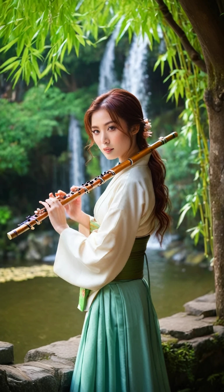 girl in traditional Japanese dress playing bamboo flute, large cherry tree, flowing waterfall, ancient house lit up with lights, reddish brown, medium length hair, wavy hair, no bangs, green eyes. beautiful girl, detailed eyes, detailed face, detailed hands, quiet morning atmosphere, electronic focus, warm light, elegant rose petals, Japanese natural garden, majestic beautiful blue lake in the background, peaceful mountains, mysterious mist, warm color effect, delicate bokeh effect, shallow DOF, Takashi Hiroaki's style, Japanese ink painting, high contrast, cinematic, surreal, 8k, detailed texture, vibrant colors, intricate details, natural atmosphere