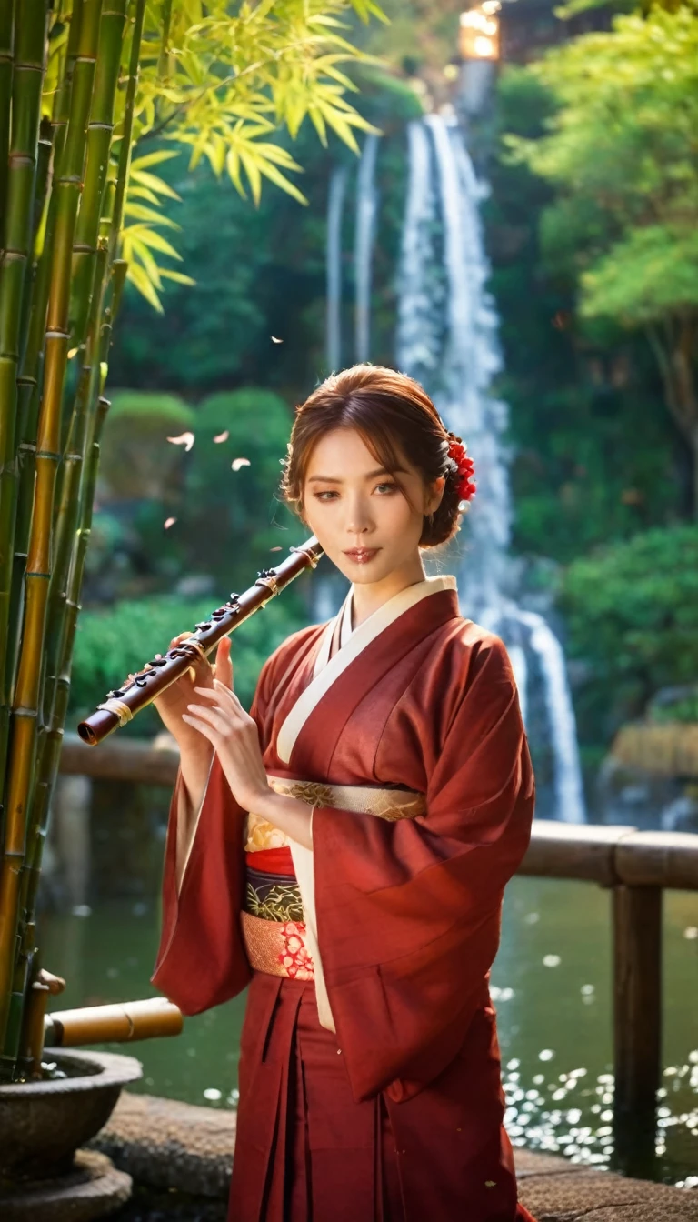 girl in traditional Japanese dress playing bamboo flute, large cherry tree, flowing waterfall, ancient house lit up with lights, reddish brown, medium length hair, wavy hair, no bangs, green eyes. beautiful girl, detailed eyes, detailed face, detailed hands, quiet morning atmosphere, electronic focus, warm light, elegant rose petals, Japanese natural garden, majestic beautiful blue lake in the background, peaceful mountains, mysterious mist, warm color effect, delicate bokeh effect, shallow DOF, Takashi Hiroaki's style, Japanese ink painting, high contrast, cinematic, surreal, 8k, detailed texture, vibrant colors, intricate details, natural atmosphere