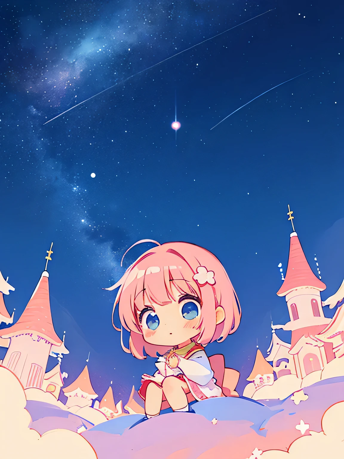 Momoko Sakura style、Kawaii Design, most beautiful girl ever、chibi, (((Staring blankly at the night sky))), Beautiful starry sky