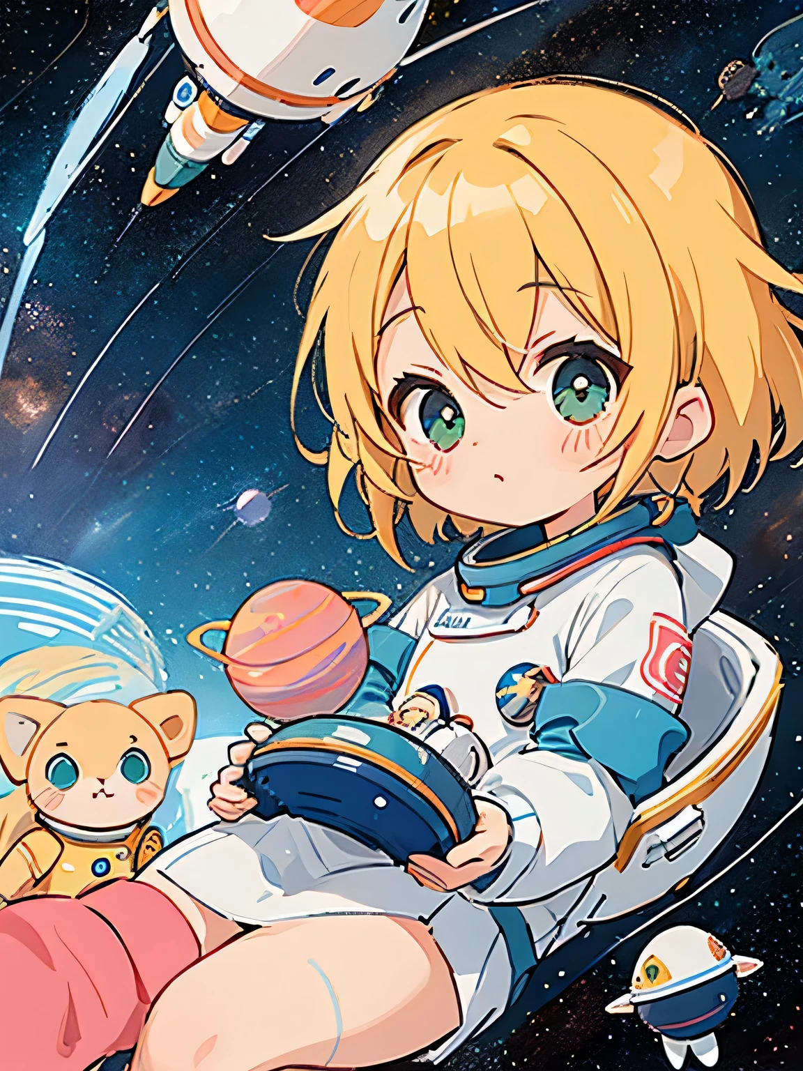 Mika Pikazo style、Kawaii Design, most beautiful girl ever、Chibi, (((Space Explorers)))、Spaceship, Ray firing