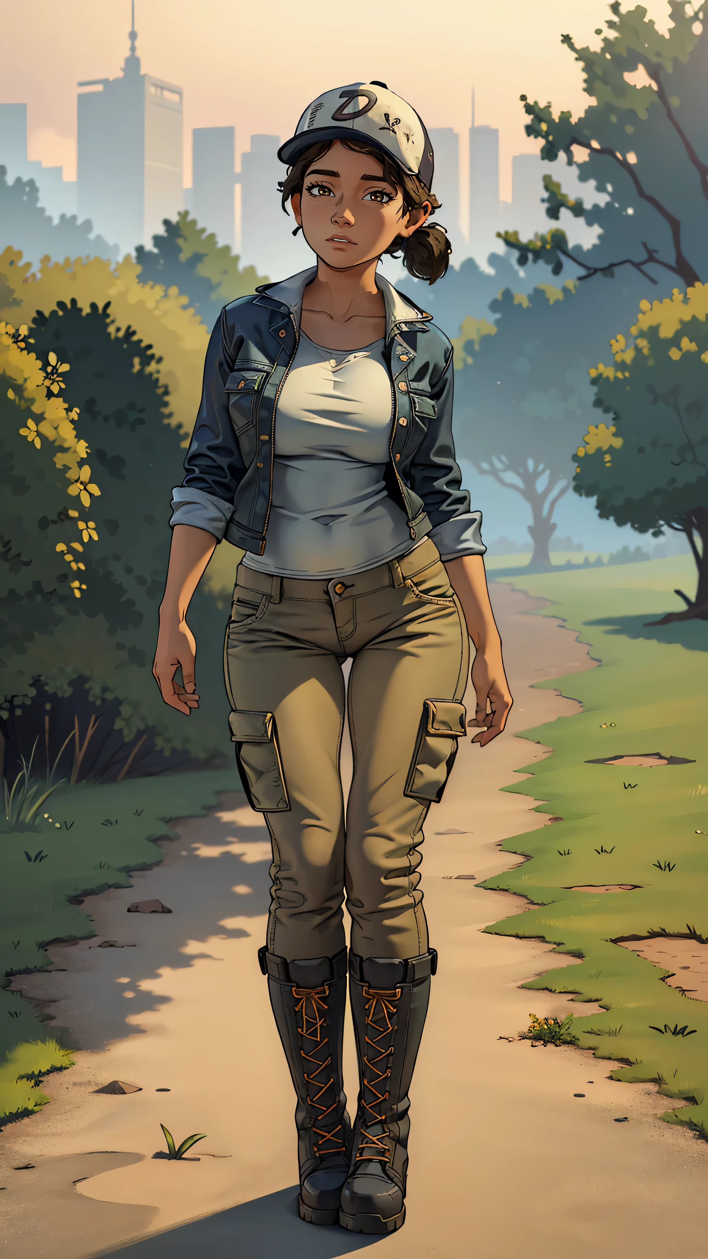 ((masterpiece, best quality)),(complex lighting) ,solo,(((1girl))) ,clementine, light skin,light-skinned female, baseball cap, green cargo pants, brown eyes, tight pants, combat boots, shirt, short hair, one short ponytail, open denim jacket, huge butt, thicc butt , (((8k))), (((full body))), (((bent over))), (((looking at the viewer))), (((view from in front of her))), big breasts