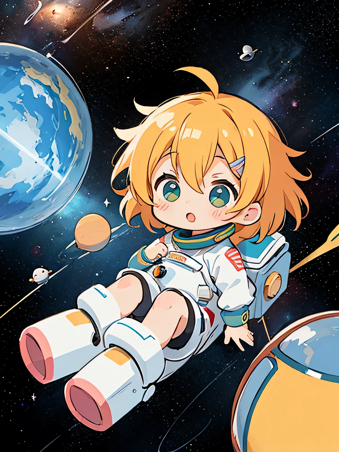 Mika Pikazo style、Kawaii Design, most beautiful girl ever、Chibi, (((Space Explorers)))、Spaceship, Ray firing