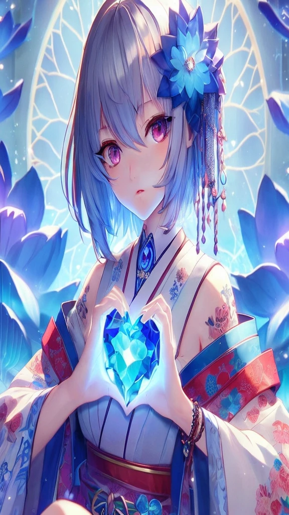 Anime-style photo-like images、The background is dark blue、The woman has blue eyes、Facing forward