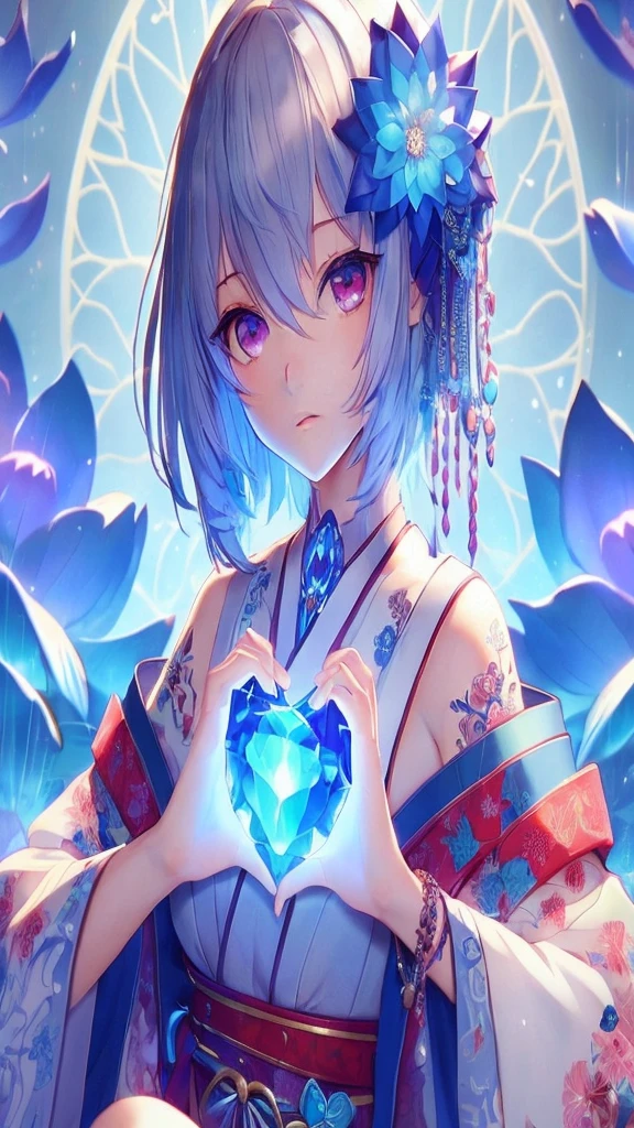 Anime-style photo-like images、The background is dark blue、The woman has blue eyes、Facing forward