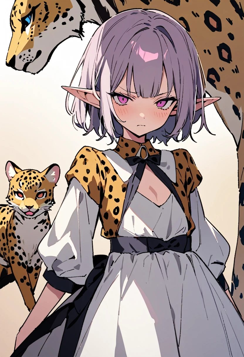 masterpiece, Highest quality, Illustration of the novel, High resolution, 18+ Adult content, Sensual, Intimate, Emotional, Passionate, romantic, sweet, Adorable, Innocent, Pure, charmな, charmな, charm, mysterious, charmな, charmな, Immersive, charmな, dream-like, Surreal, Imaginative, Whimsical, Artistic, Avant-garde, timeless, elegant, Sophisticated, chic, Sophisticated, Personality, original, charmな,((Loli Elf:1.3)),((A look of disgust:1.3))、Upper Body、(A Cheetah/A cheetah/Cheetah Dress:1.3)