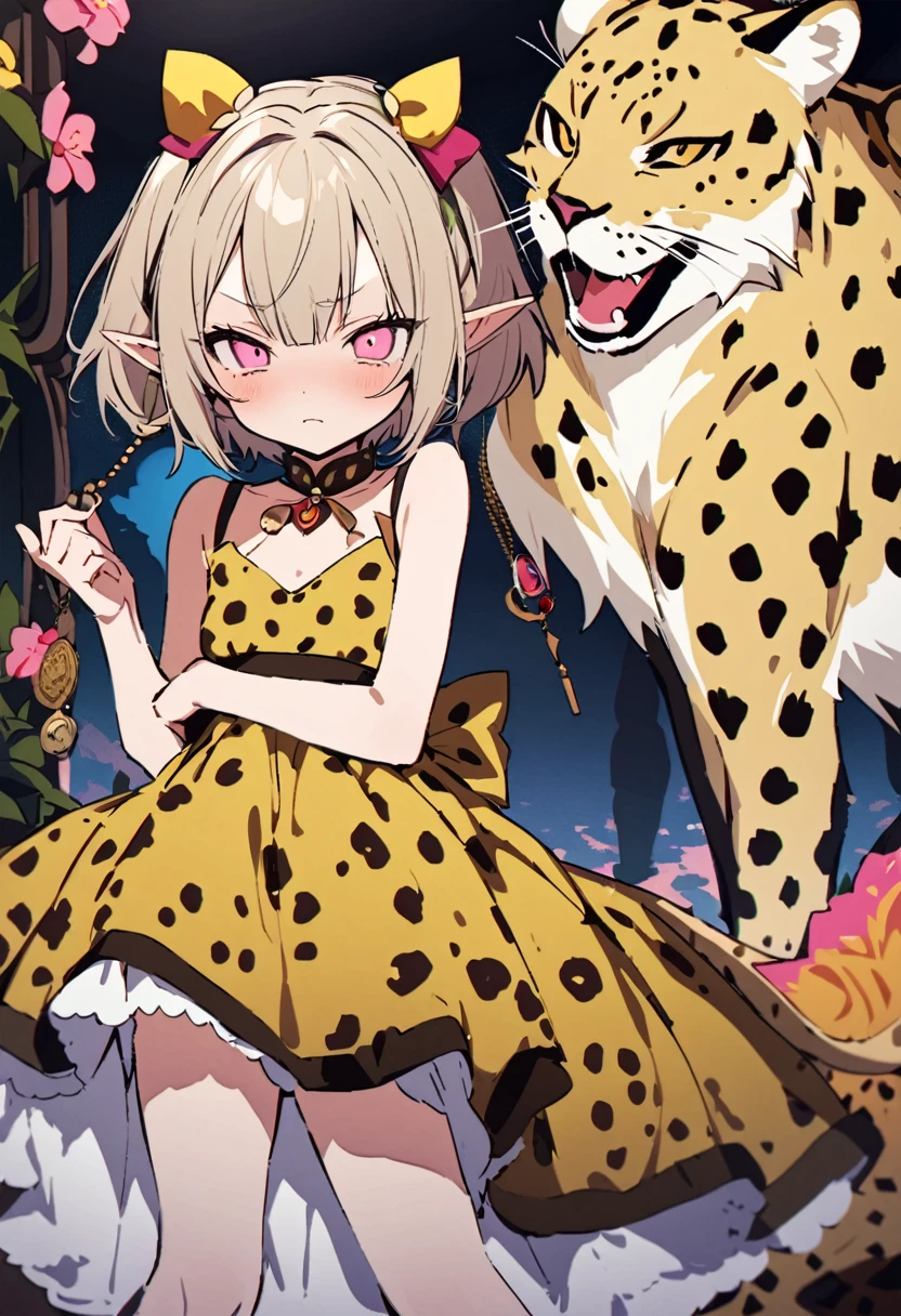 masterpiece, Highest quality, Illustration of the novel, High resolution,  , Sensual, Intimate, Emotional, Passionate, romantic, sweet, Adorable, Innocent, Pure, charmな, charmな, charm, mysterious, charmな, charmな, Immersive, charmな, dream-like, Surreal, Imaginative, Whimsical, Artistic, Avant-garde, timeless, elegant, Sophisticated, chic, Sophisticated, Personality, original, charmな,(( Elf:1.3)),((A look of disgust:1.3))、Upper Body、(A Cheetah/A cheetah/Cheetah Dress:1.3)
