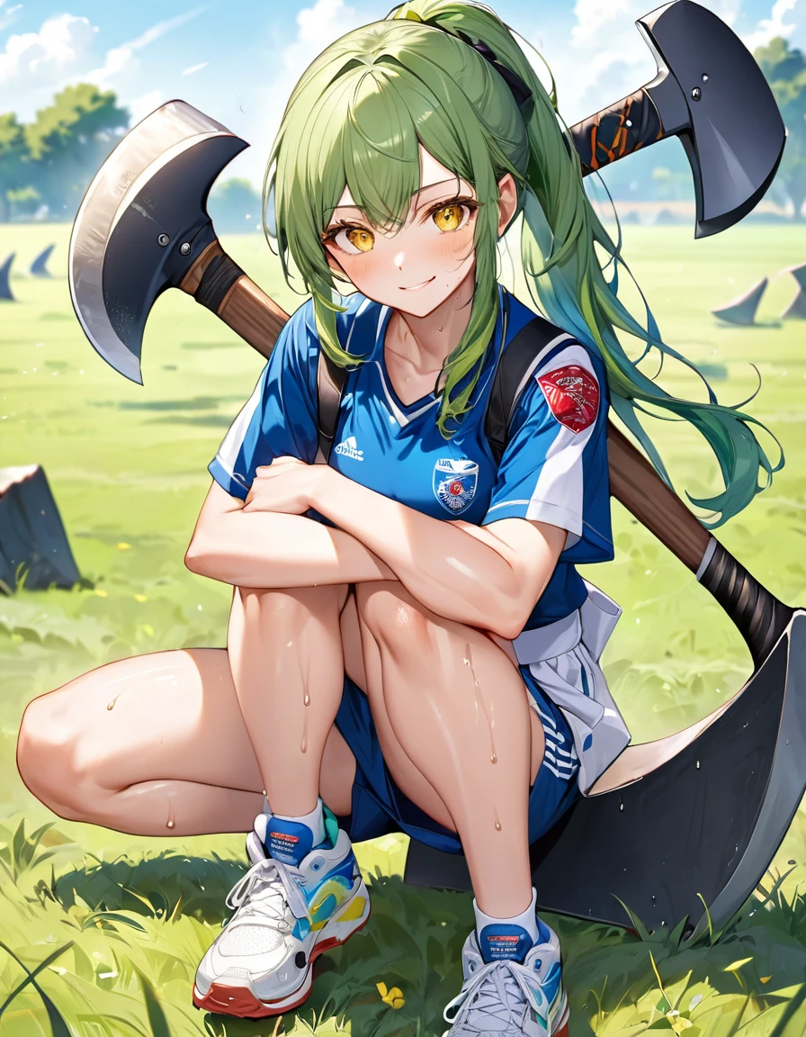 (axe Training style) (both hands holding a detailed big axe), full body ( yo, solo ponytail green hair long hair cute axe fighter girl, serious yellow eyes, sweaty;1.2 skin, soft smile), (in a summer training uniform), break, (in the battle training field), BREAK, perfect anatomy, masterpiece, best quality, 16k, beautiful detailed grow, daydreaming expression.