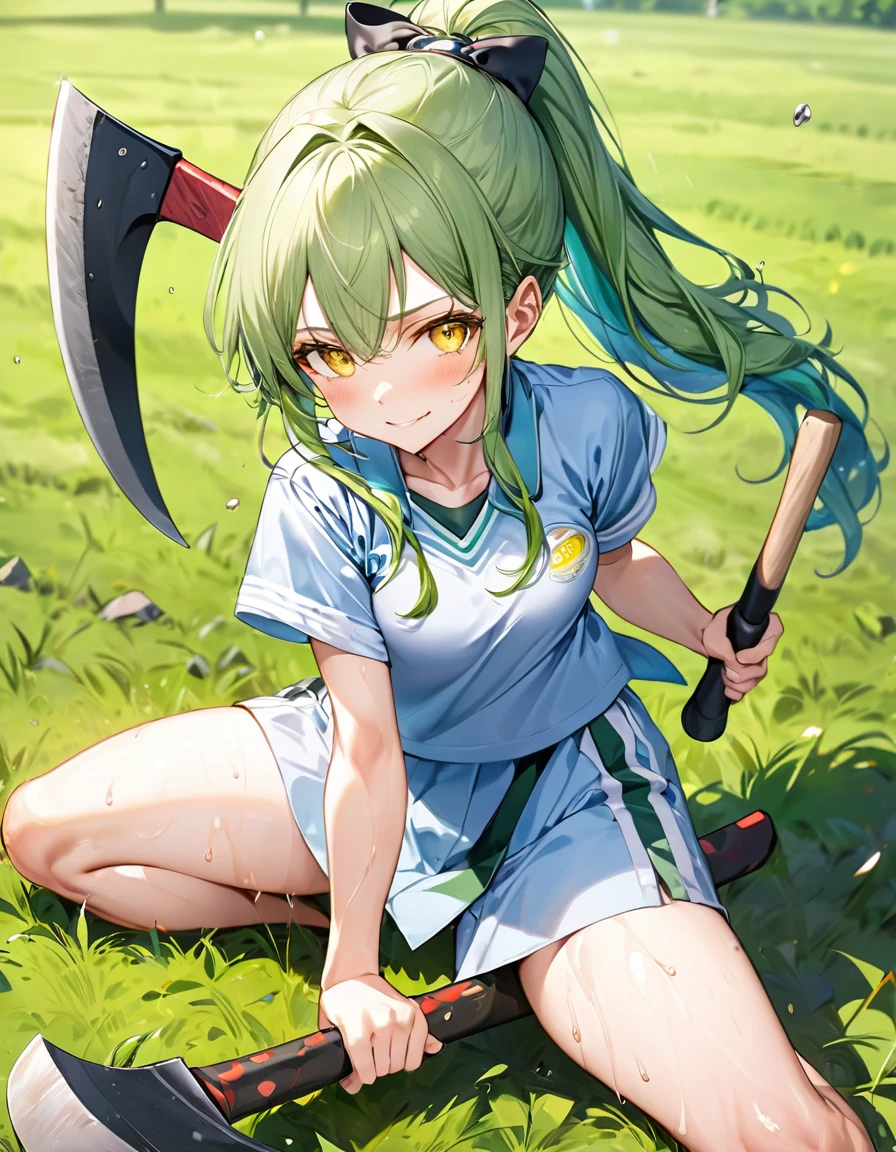 (axe Training style) (both hands holding a detailed big axe), full body (15 yo, solo ponytail green hair long hair cute axe fighter girl, serious yellow eyes, sweaty;1.2 skin, soft smile), (in a summer training uniform), break, (in the battle training field), BREAK, perfect anatomy, masterpiece, best quality, 16k, beautiful detailed grow, daydreaming expression.