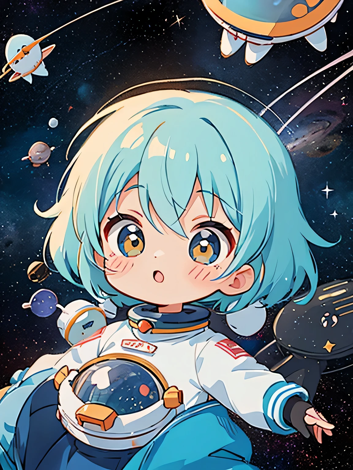 Mika Pikazo style、Kawaii Design, most beautiful girl ever、Chibi, (((Space Explorers)))、Spaceship, Ray firing