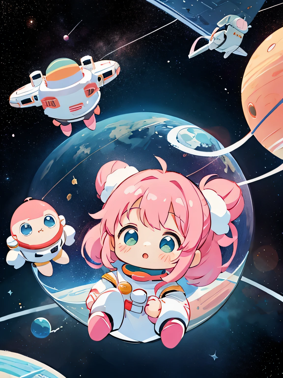 Momoko Sakura style、Kawaii Design, most beautiful girl ever、Chibi, (((Space Explorers)))、Spaceship, Ray firing