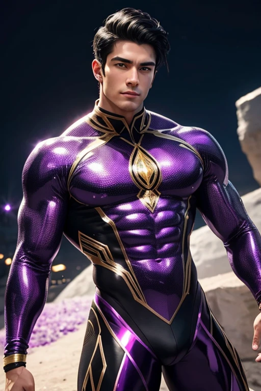 Quarter body photorealistic handsome hunky fractal masculine black haired Cresc  wearing a Violet with gold  transparent crystal chrome glass trimmings super suit , look at camera, detailed face parts,, moon as background, Freestyle Pose, Happy Expression, perfect anatomy, symmetric body,, 18 years old,  :: high detail, a lean athletic body, realistic, human skin, extremely detailed fingers,  chad chin,, masculine, human skin, , gorgeous, Attractive. super bulges in action . camera focus face front 