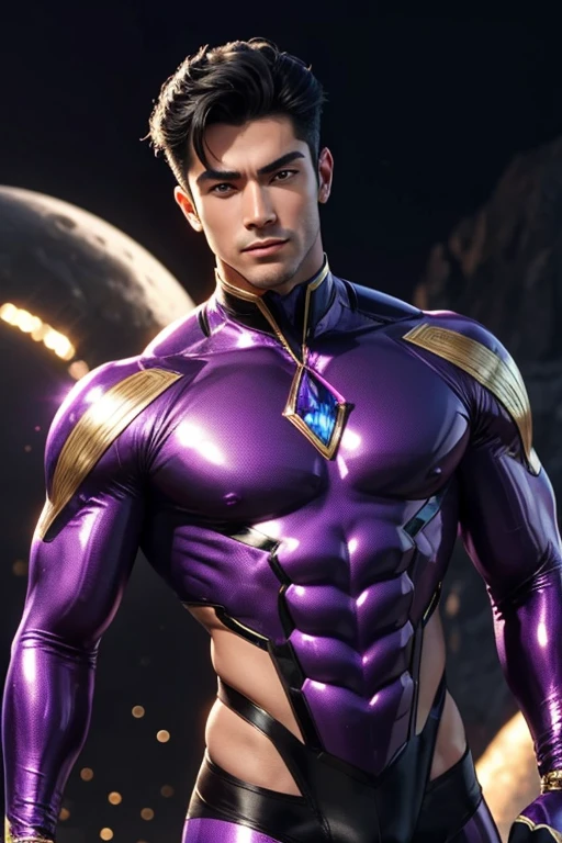 Quarter body photorealistic handsome hunky fractal masculine black haired Cresc wearing a Violet with gold transparent crystal chrome glass trimmings super suit , look at camera, detailed face parts,, moon as background, Freestyle Pose, Happy Expression, perfect anatomy, symmetric body,, 18 years old, :: high detail, a lean athletic body, realistic, human skin, extremely detailed fingers, chad chin,, masculine, human skin, , gorgeous, Attractive. super bulges in action . camera focus face front