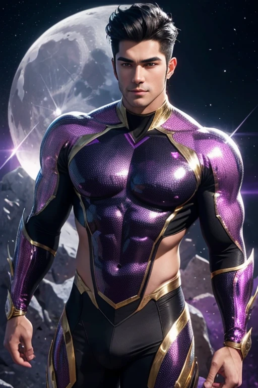 Quarter body photorealistic handsome hunky fractal masculine black haired Cresc wearing a Violet with gold transparent crystal chrome glass trimmings super suit , look at camera, detailed face parts,, moon as background, Freestyle Pose, Happy Expression, perfect anatomy, symmetric body,, 18 years old, :: high detail, a lean athletic body, realistic, human skin, extremely detailed fingers, chad chin,, masculine, human skin, , gorgeous, Attractive. super bulges in action . camera focus face front