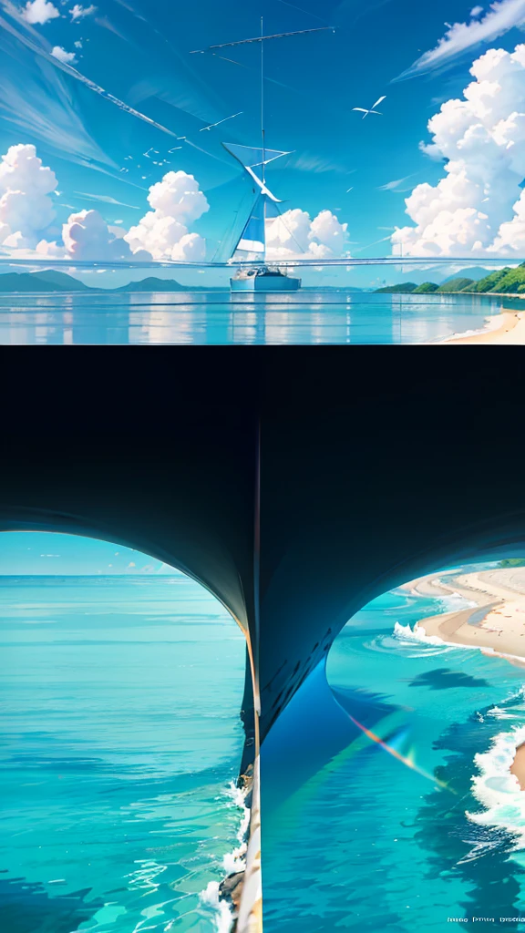 surreal scene, ,blue sky background, water, Sunlight, low angle view, HD 8K,