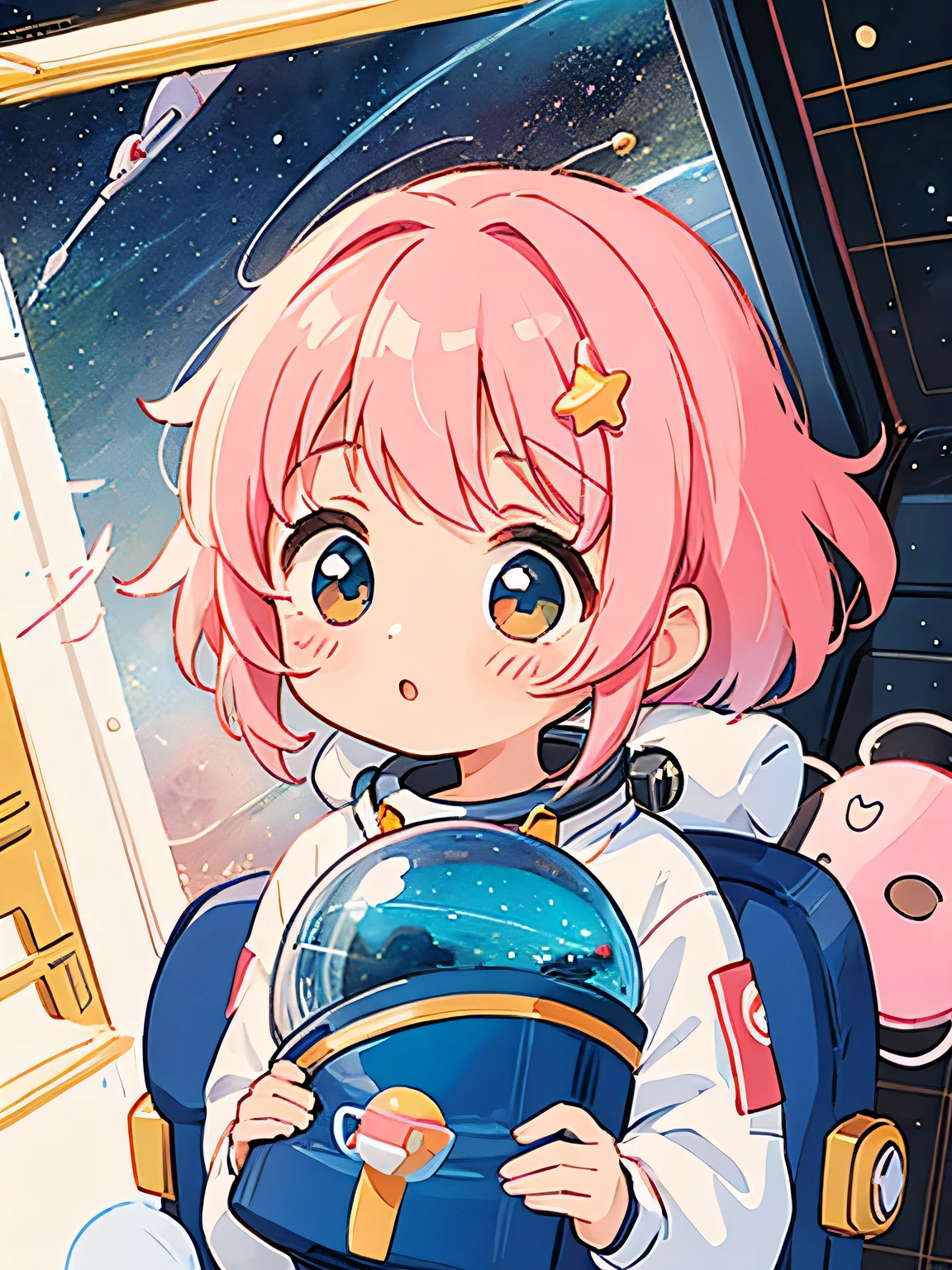 Momoko Sakura style、Kawaii Design, most beautiful girl ever、Chibi, (((Space Explorers)))、Spaceship, Ray firing