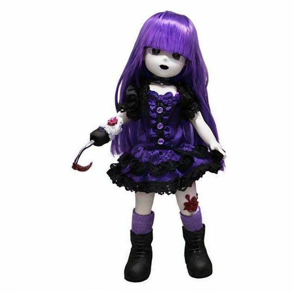 1fille, cheveux longs violet, vêtement gothique, yeux noir et rouge, un crochet a la place de main droite.