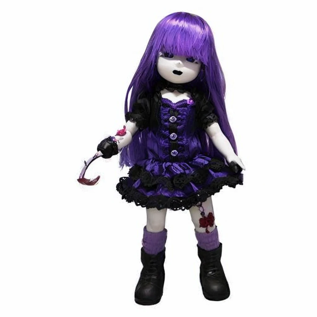 1fille, cheveux longs violet, vêtement gothique, yeux ???? et rouge, un crochet a la place de main droite.
