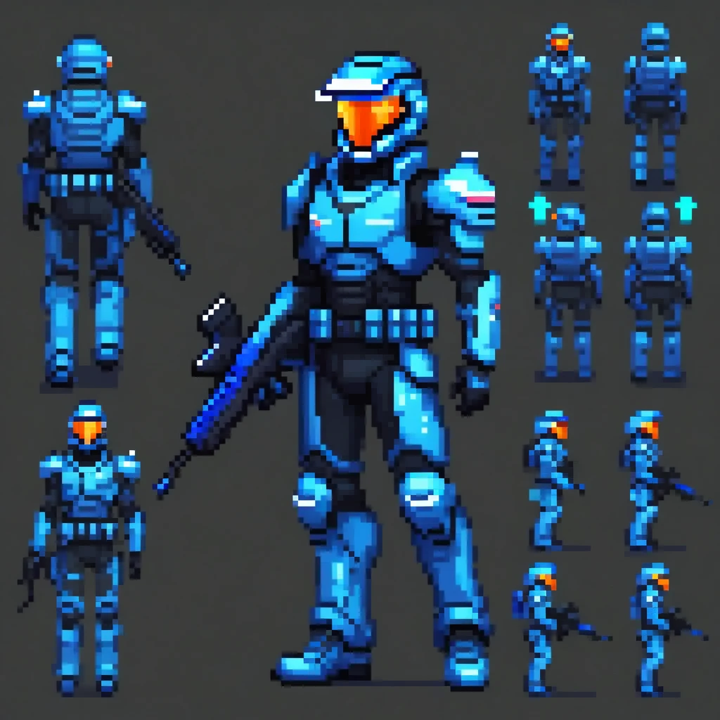 create a sprite sheet, a futuristic police officer with cybernetic armor and helmet with blue visor, walking with his futuristic rifle, full body, panoramic, 32-bit