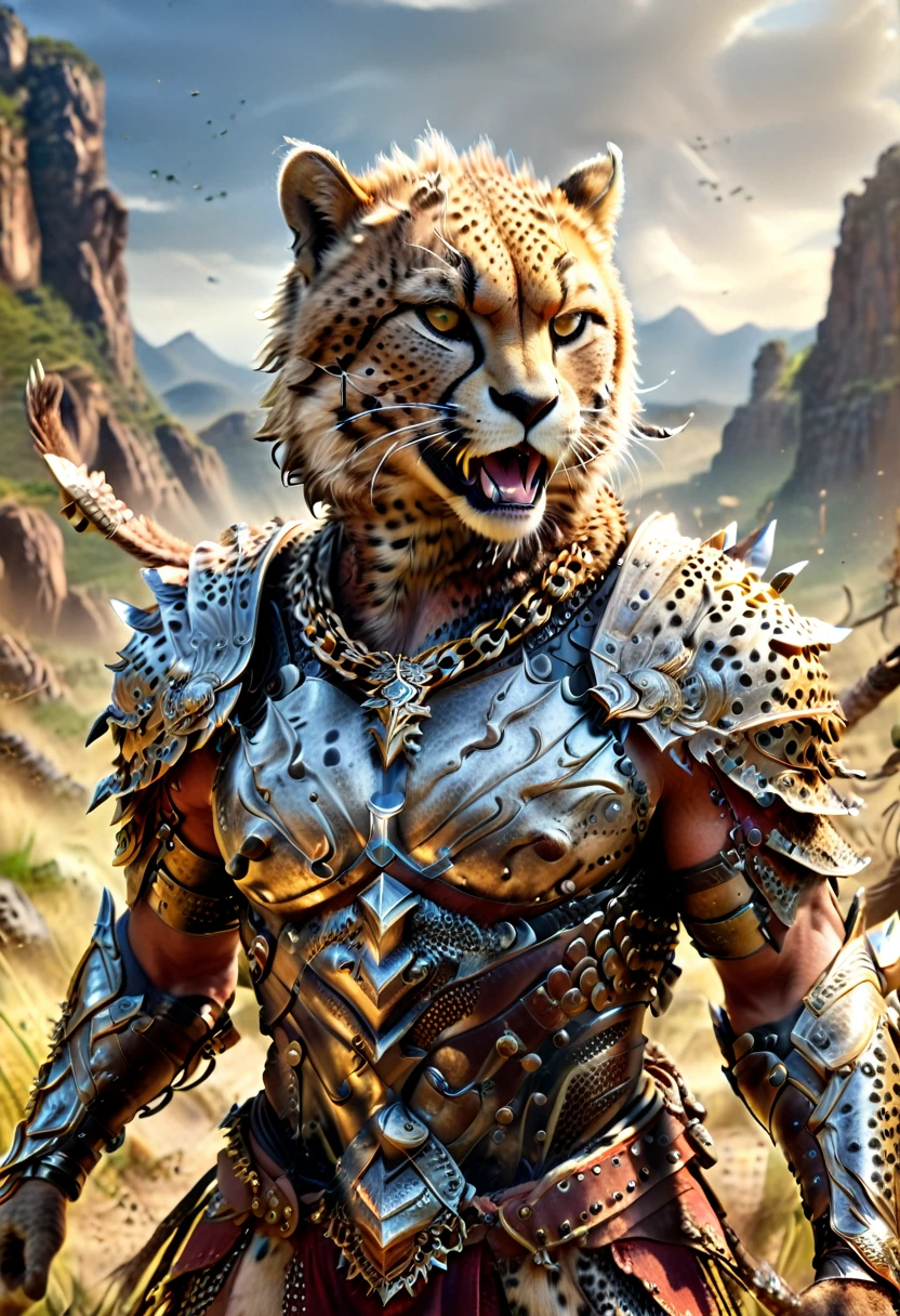 a close up portrait of male (cheetah anthomorph: 1.5) as barbarian warrior, muscled (cheetah anthomorph: 1.5), wearing leather armor, bare chested, necklace of fangs, armed with a spear, deep feline eyes, intent gaze, roaring with mouth full of fangs, wild savannah background, sense of awe, sense of fear, wildness in its might and glory, best details, best quality, highres, ultra wide angle, 16k, [ultra detailed], masterpiece, best quality, (extremely detailed), photorealistic, Cinematic Hollywood Film, Spear and Shield