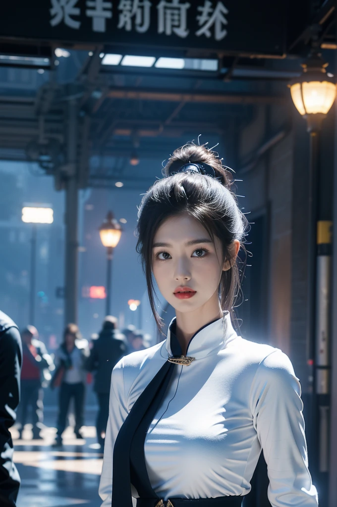 Game Art，Best image quality，Maximum resolution，8K，((A bust photo))，(White shirt)，(Dark blue skinny jeans)，((portrait))，(Rule of Thirds)，Unreal Engine 5 rendering works， (Future girl)，(Female Warrior)， 22-year-old young hacker)，(Oriental hairstyle)，(Beautiful eyes full of details)，(Large Breasts)，(Eyeshadow)，Elegant and charming，indifferent，((frown))，(工作White shirt，这套服装融合了Dark blue skinny jeans，Clothing is decorated with glittering patterns and emblems)，Cyberpunk Characters，in the style of futuristic， Photo poses，City background，lamp，Ray Tracing，Game CG，((3D Unreal Engine))，OC rendering reflection mode