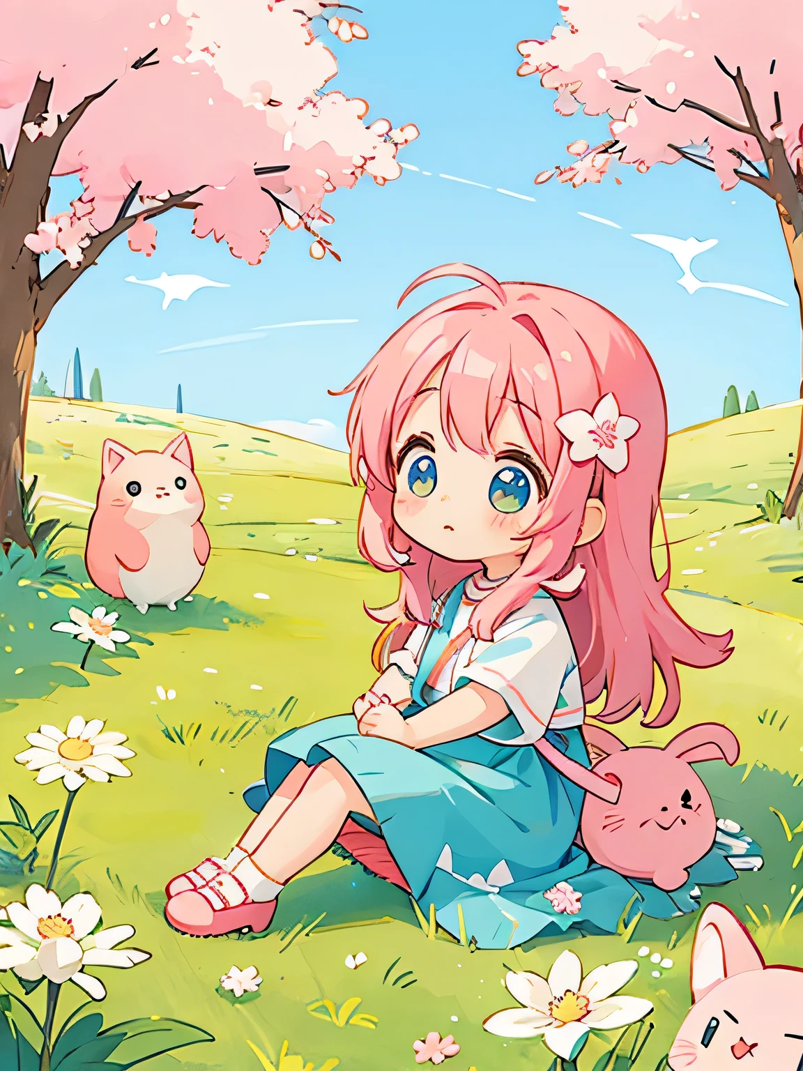 Momoko Sakura style、Kawaii Design, most beautiful girl ever、chibi, (((sitting)))、Cute Alien, field