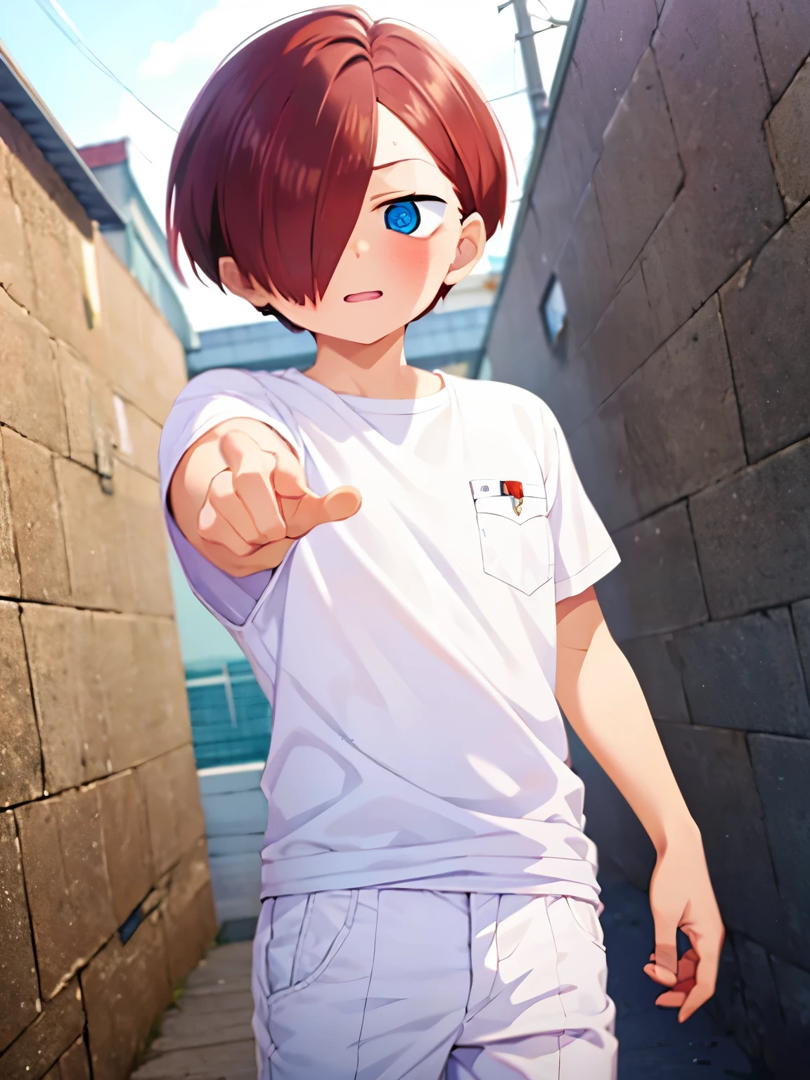 1boy, solo, male focus, kyoutarou_ichikawa, red hair, blue eyes, short hair, hair over one eye, bangs,Standing in the kingdom, White t-shirt, white trousers, Hand pointing, pointing