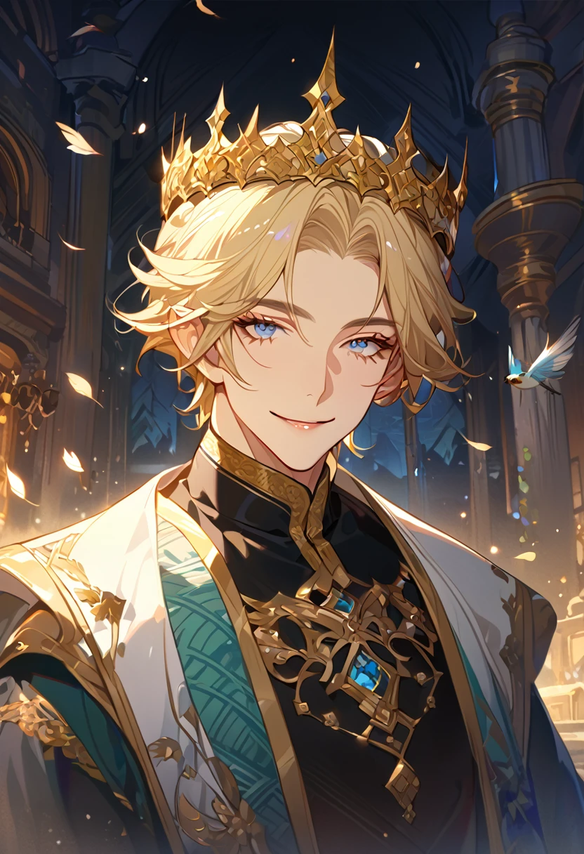 masterpiece, best quality, 8k ,4k , 1male, elf King, Golden Blond, Blue greenish eyes, gold wreath crown, hair ornament, finely detailed eyes and detailed face, looking at viewer, black sleeveless, half robe, patterned clothes, gold embroidery clothes, meticulous clothes, mature clothe, majestic looks, smiling gently, small bird, full body, inspired by Asukaziye artist : ask, art style : ask