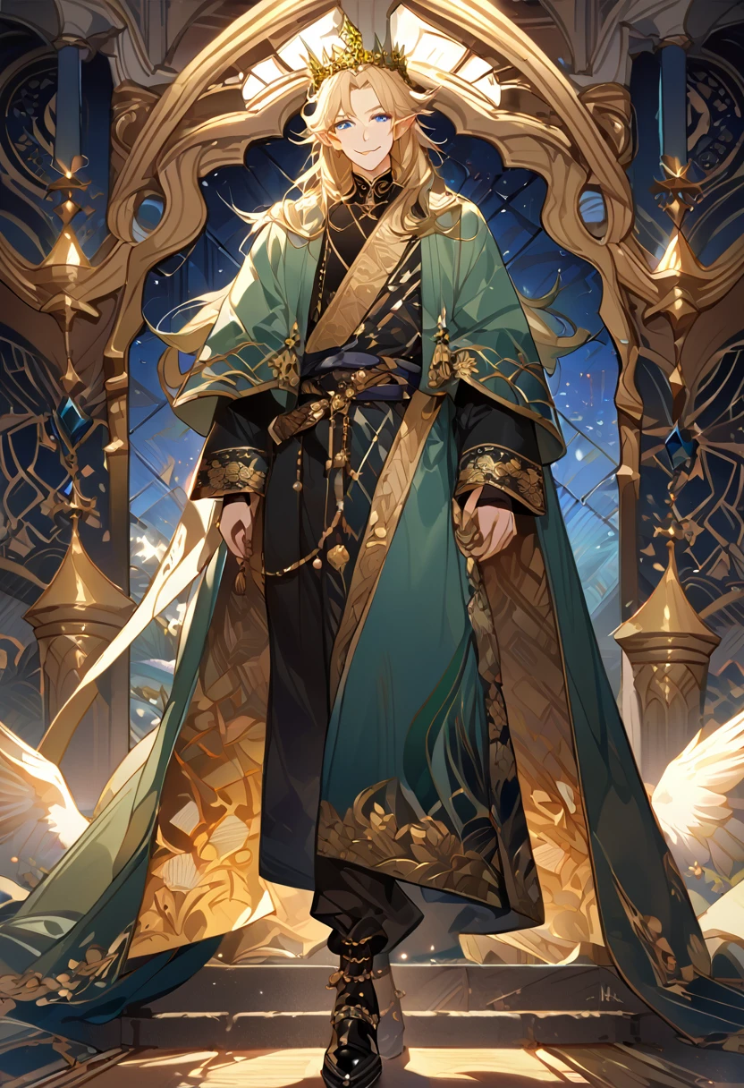 masterpiece, best quality, 8k ,4k , 1male, elf King, Golden Blond, Blue greenish eyes, gold wreath crown, hair ornament, finely detailed eyes and detailed face, looking at viewer, black sleeveless, half robe, patterned clothes, gold embroidery clothes, meticulous clothes, mature clothe, majestic looks, smiling gently, small bird, full body, inspired by Asukaziye artist : ask, art style : ask