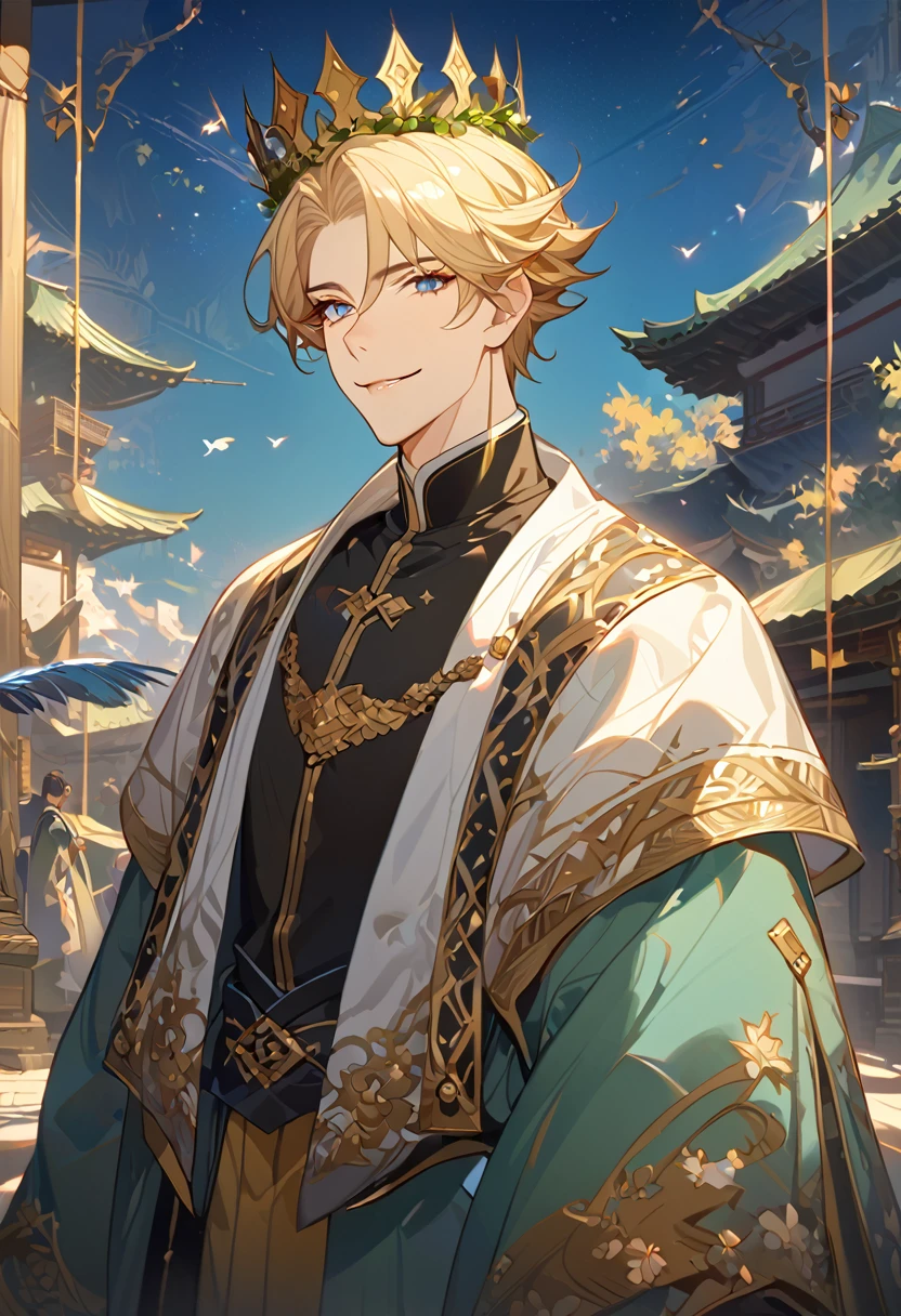 masterpiece, best quality, 8k ,4k , 1male, elf King, Golden Blond, Blue greenish eyes, gold wreath crown, hair ornament, finely detailed eyes and detailed face, looking at viewer, black sleeveless, half robe, patterned clothes, gold embroidery clothes, meticulous clothes, mature clothe, majestic looks, smiling gently, small bird, full body, inspired by Asukaziye artist : ask, art style : ask