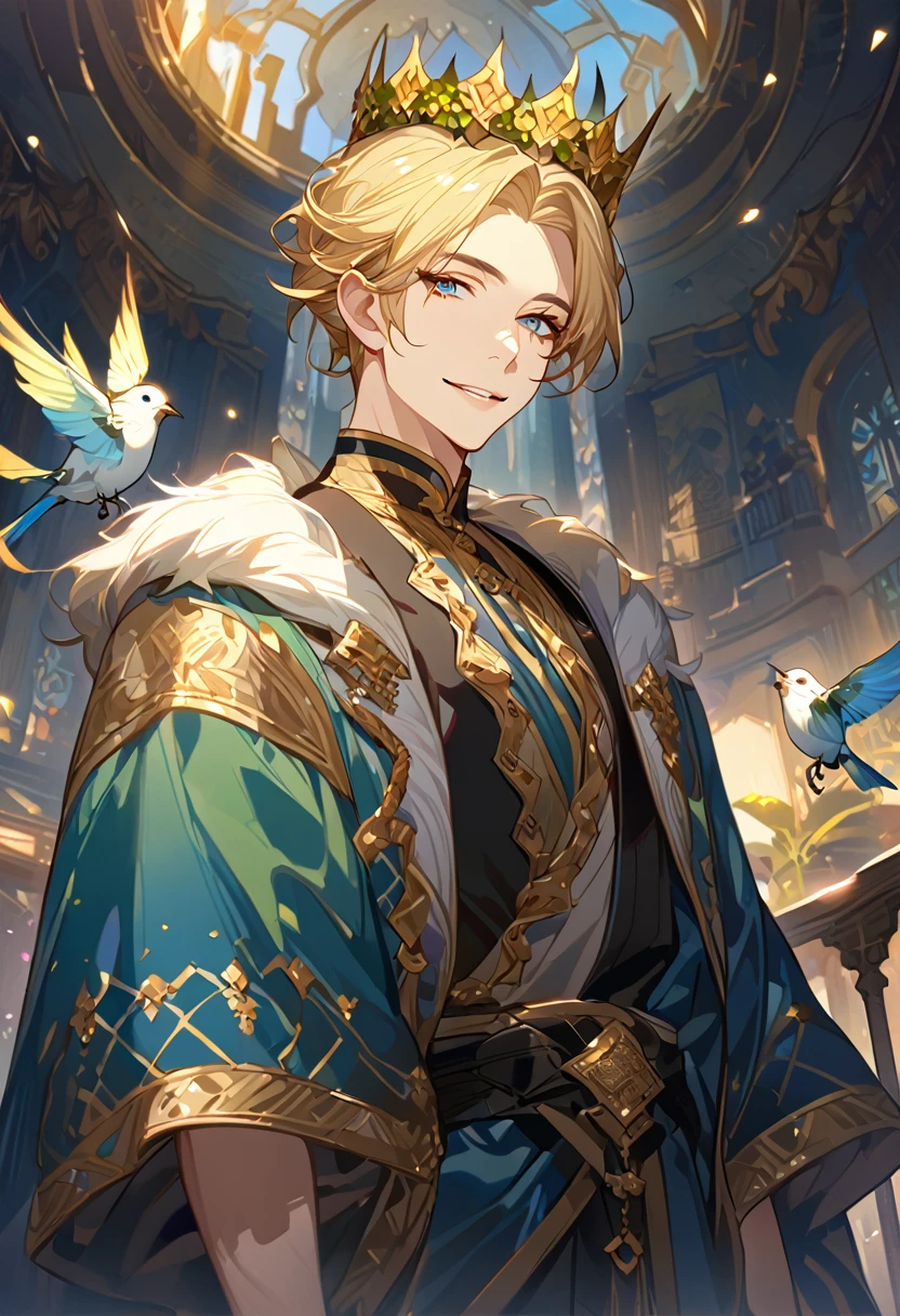masterpiece, best quality, 8k ,4k , 1male, elf King, Golden Blond, Blue greenish eyes, gold wreath crown, hair ornament, finely detailed eyes and detailed face, looking at viewer, black sleeveless, half robe, patterned clothes, gold embroidery clothes, meticulous clothes, mature clothe, majestic looks, smiling gently, small bird, full body, inspired by Asukaziye artist : ask, art style : ask