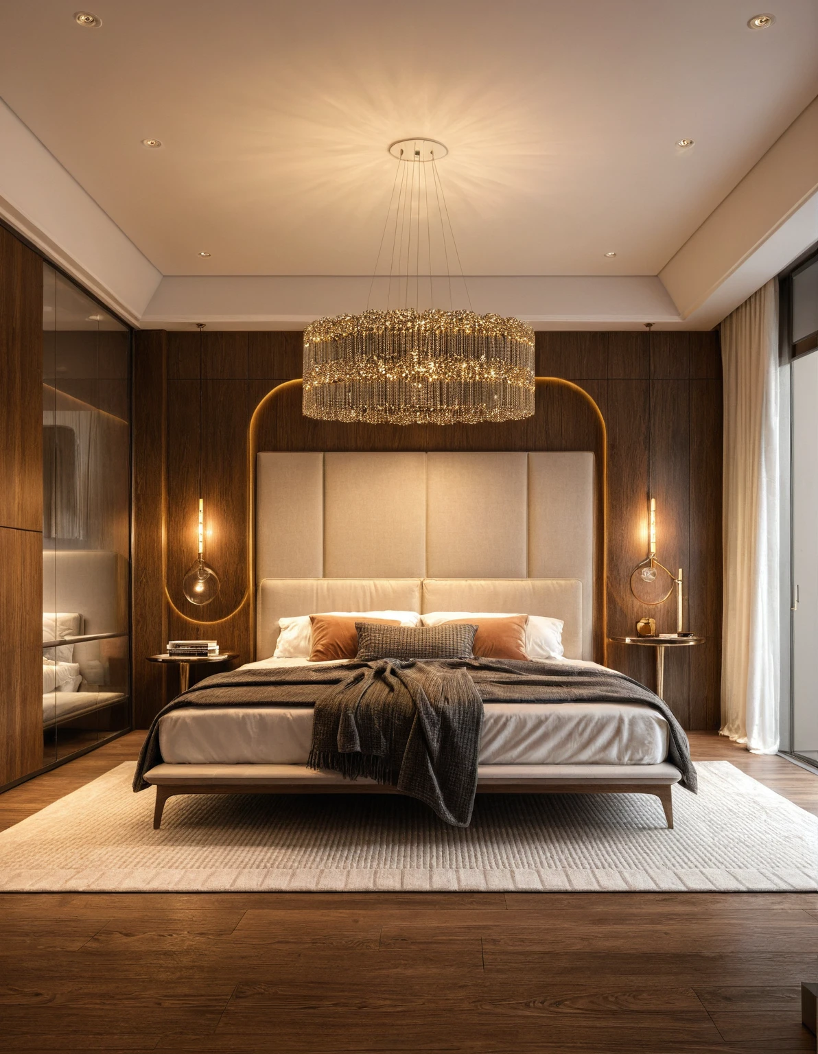 Raw photo,Masterpiece, high quality, best quality, authentic, super detail, interior, indoors, ((bedroom style modern luxury)), sunset, day light, bed, carpet, curves, bedside cabinets, wood floor ,wardrobe, glass cabinet doors, led, table lamps, chandeliers, windows, curtains, downlight, book