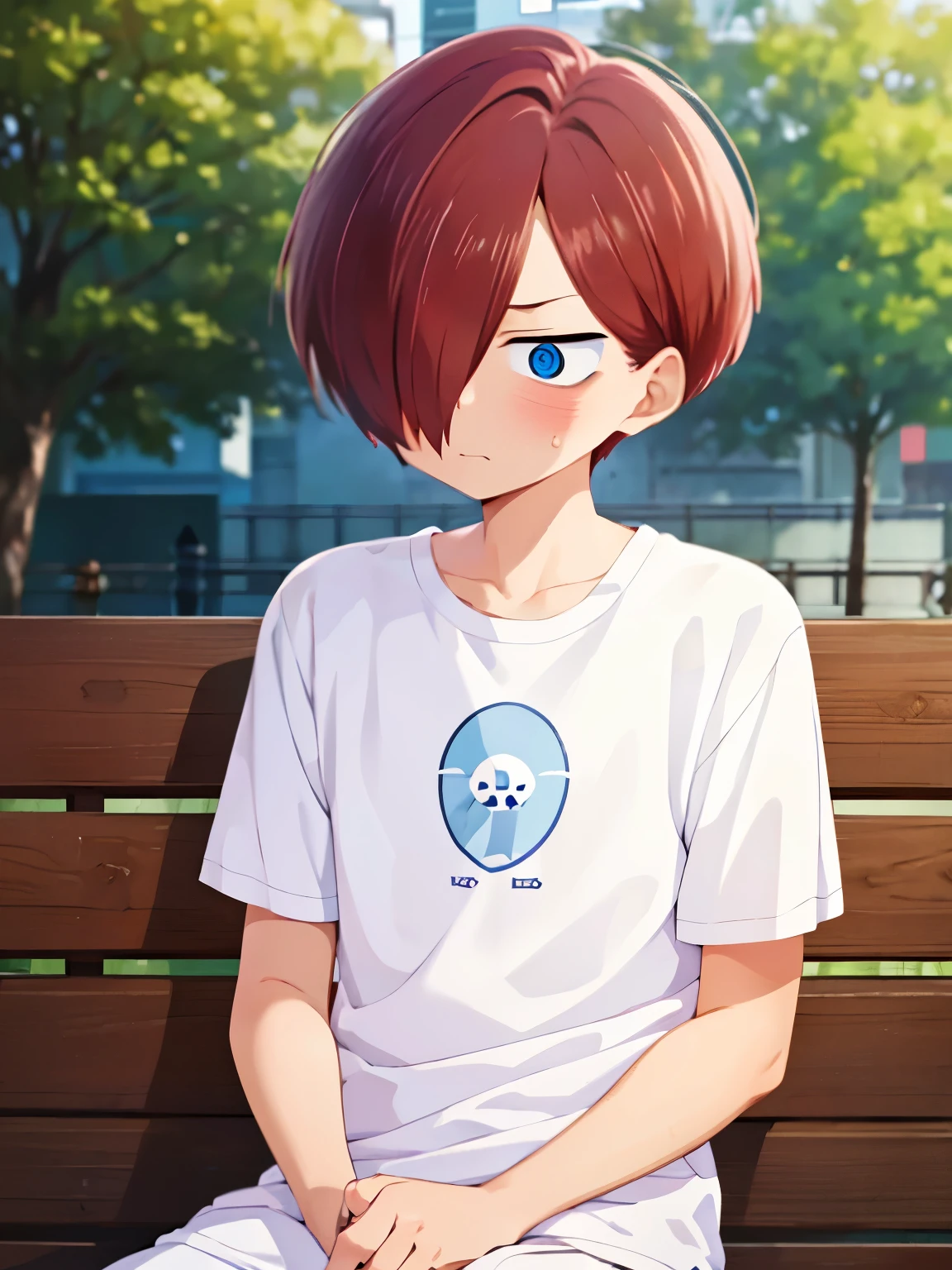 1boy, solo, male focus, kyoutarou_ichikawa, red hair, blue eyes, short hair, hair over one eye, bangs,Sitting in the park, sad expression, looking down, White t-shirt,Plain t-shirt, white trousers