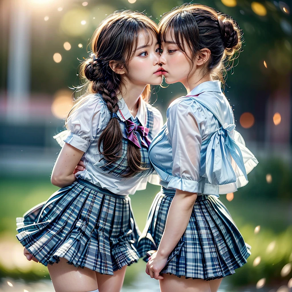 SFW, ((David Hamilton:1.37, White and vivid colors))、Extremely Detailed (Tiny Oppai-Loli Twins:1.37)、{(Dynamic-angle)|(from side)|(from back)|((from below:1.2))}、{(((Kissing face to face:1.41) Against the Nipples to Nipples Pressing hard))|(Standing Full Body:1.2)|Wide Shot}、{(Floating hair with Strong wind)|(Ass focus)|French Braid|bun}、8K best quality、((Masterpiece:1.2、Photo-realistic:1.4)), { kodachrome | realistic | photorealistic | RAW }  BREAK 
 ((Detailed KAWAII Face、Detailed Radiant PearlSkin) with Transparency)、Smooth shading、(SOFT focus BokeH)、Soft Lighting、((school uniform with white Thongs))、{Flowers|Flower wreath|smile|Joyful|Pleasuring|Different types of hair colors}、{(Light Particles:1.2)|(Lens Flare)|(Luminescent Particles:0.6)}、{Forest Lakeside|Lakeside Cottage|Before dawn|magic hour|morning glow|foggy|Haze|Colored Horizon}、{ Whole Body proportions and all limbs are anatomically accurate | no extra limbs | hidden hands | Corrected Like hand } . PUNIPUNI