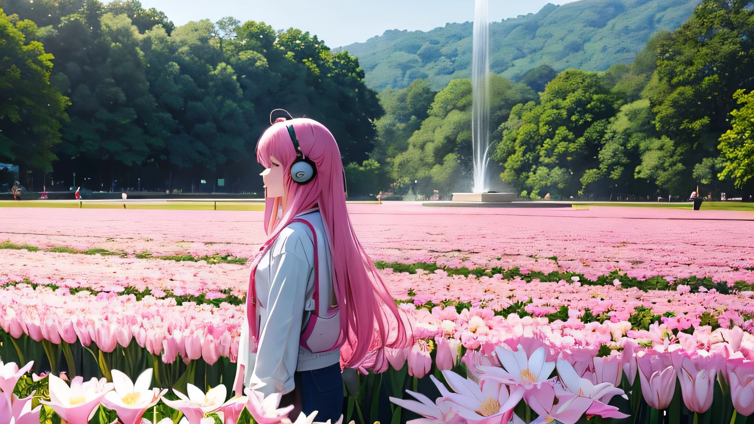 Fantastic pink flower field　There is a spring from which water gushes out.　beautiful　thailand、Chiang Mai、Ratchaphruek Flower Expo Memorial Park、Colorful flowers blooming against the backdrop of beautiful architecture　A beautiful girl with long hair in pink wearing headphones is listening to music。
