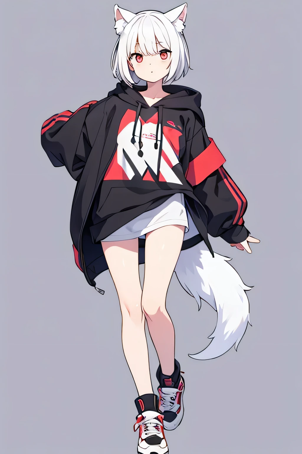 A full-body woman with dog ears、White bob hair、Red droopy eyes、Black casual hoodie、The background is white or transparent