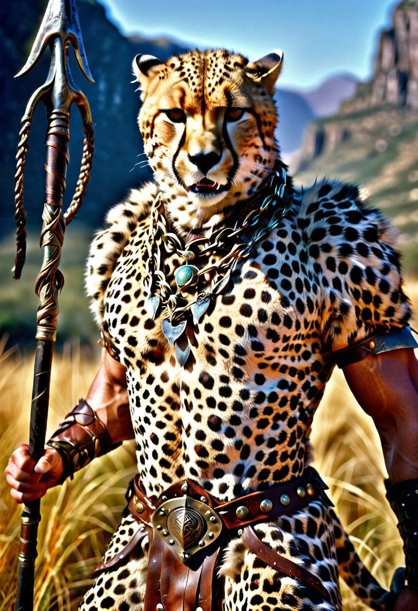 a close up portrait of male  (cheetah anthomorph: 1.5) as barbarian warrior, muscled  (cheetah anthomorph: 1.5), wearing leather armor, bare chested, necklace of fangs, armed with a spear, deep feline eyes, intent gaze, roaring with mouth full of fangs, wild savannah background, sense of awe, sense of fear, wildness in its might and glory, best details, best quality, highres, ultra wide angle, 16k, [ultra detailed], masterpiece, best quality, (extremely detailed), photorealistic, Cinematic Hollywood Film, a close up portrait of male (cheetah anthomorph: 1.5) as barbarian warrior, muscled (cheetah anthomorph: 1.5), wearing leather armor, bare chested, necklace of fangs, armed with a spear, deep feline eyes, intent gaze, roaring with mouth full of fangs, wild savannah background, sense of awe, sense of fear, wildness in its might and glory, best details, best quality, highres, ultra wide angle, 16k, [ultra detailed], masterpiece, best quality, (extremely detailed), photorealistic, Cinematic Hollywood Film, Spear and Shield