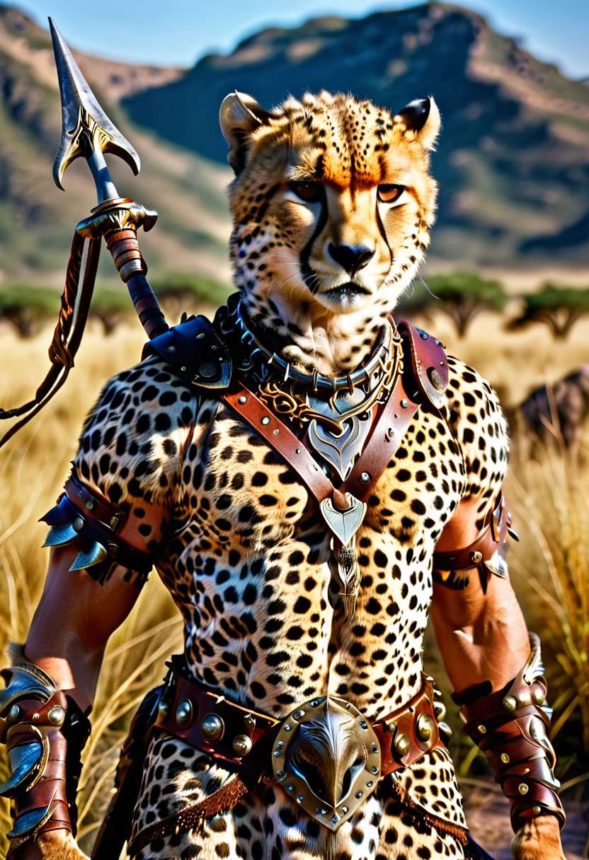 a close up portrait of male  (cheetah anthomorph: 1.5) as barbarian warrior, muscled  (cheetah anthomorph: 1.5), wearing leather armor, bare chested, necklace of fangs, armed with a spear, deep feline eyes, intent gaze, roaring with mouth full of fangs, wild savannah background, sense of awe, sense of fear, wildness in its might and glory, best details, best quality, highres, ultra wide angle, 16k, [ultra detailed], masterpiece, best quality, (extremely detailed), photorealistic, Cinematic Hollywood Film, a close up portrait of male (cheetah anthomorph: 1.5) as barbarian warrior, muscled (cheetah anthomorph: 1.5), wearing leather armor, bare chested, necklace of fangs, armed with a spear, deep feline eyes, intent gaze, roaring with mouth full of fangs, wild savannah background, sense of awe, sense of fear, wildness in its might and glory, best details, best quality, highres, ultra wide angle, 16k, [ultra detailed], masterpiece, best quality, (extremely detailed), photorealistic, Cinematic Hollywood Film, Spear and Shield