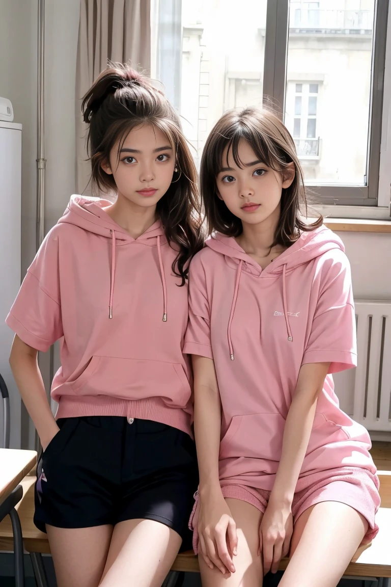 deux femmes ensemble de 18 ans sexy et mince , pink short sleeve hoodie , salle de classe, se touche,position sey,sensuel