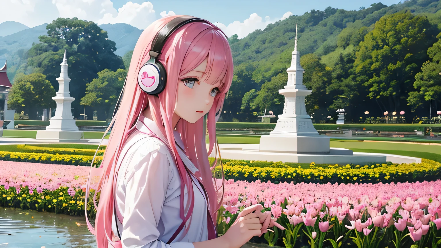 Fantastic pink flower field There is a spring from which water gushes out. beautiful thailand、Chiang Mai、Ratchaphruek Flower Expo Memorial Park、Colorful flowers blooming against the backdrop of beautiful architecture A beautiful girl with long hair in pink wearing headphones is listening to music。