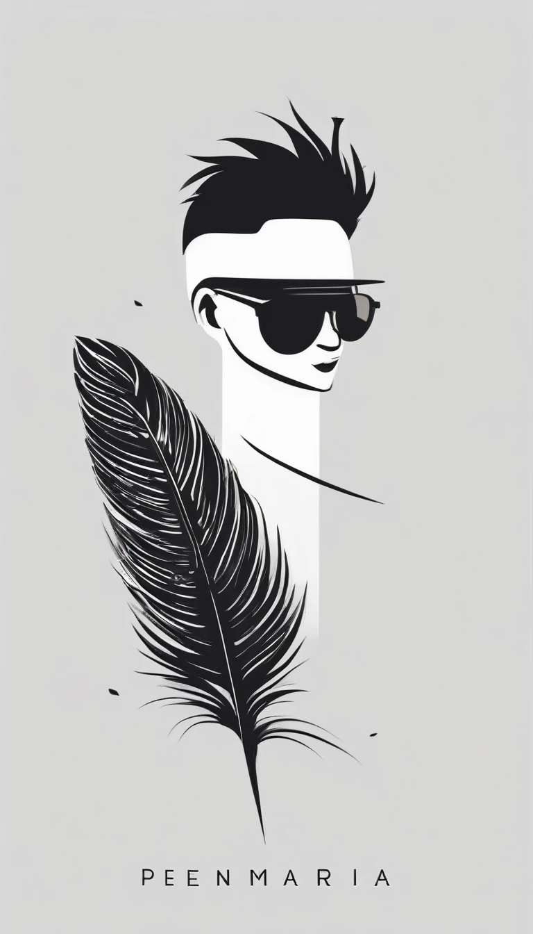 A minimal, modern, simple, cinematic logotype of a boy with a head full of feathers for the brand “Penamemoria" .