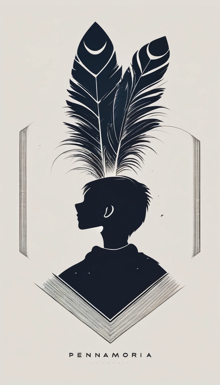 A minimal, modern, simple, cinematic logotype of a boy with a head full of feathers for the brand “Penamemoria" .