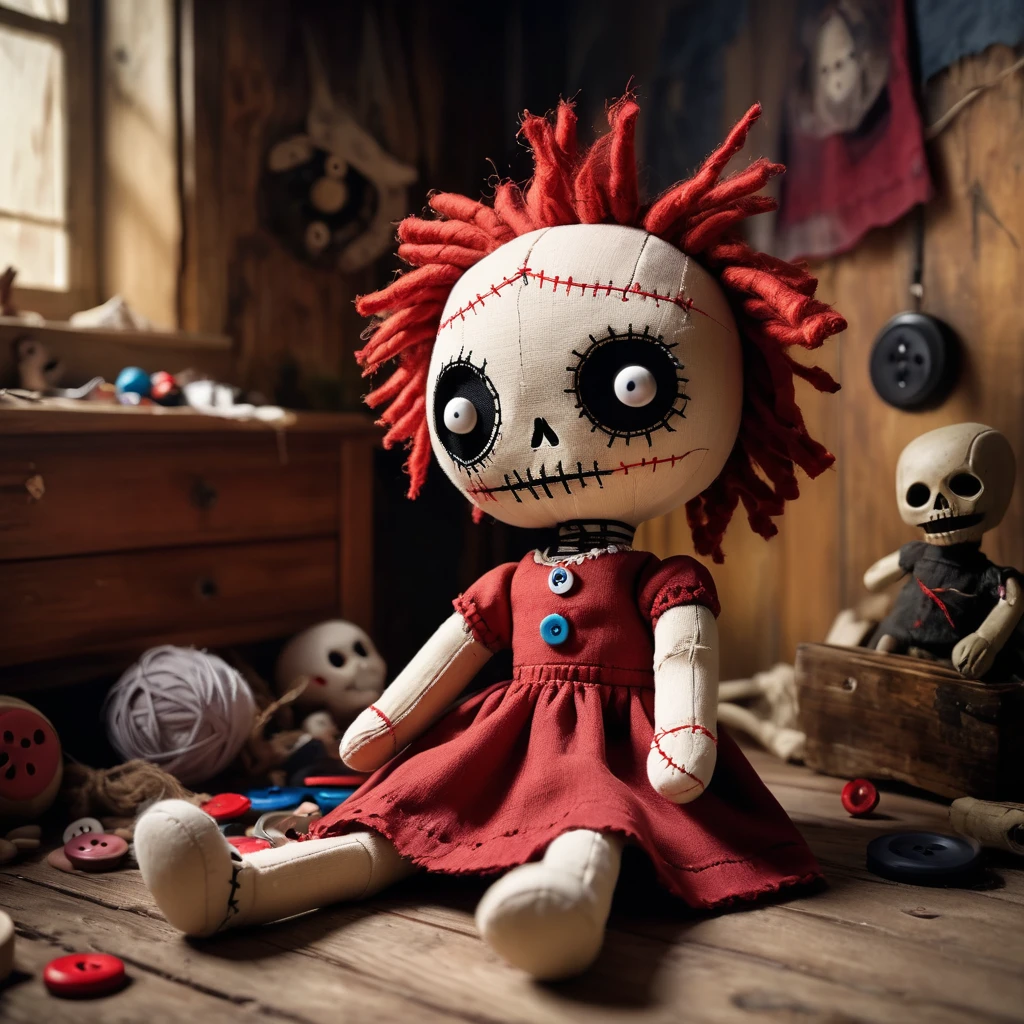 (knitted toy voodoo doll:1.2), (Voodoo Cursed Doll:1.3), (clothes Torn dress, cracks and seams on the body, buttons instead of eyes:1.0), (in the background Old children's room, dusty toys, musty smell:1.3), best quality, masterpiece, detailed soft oil painting, detailed background, dramatic cinematic lighting, soft edge lighting, professional, dramatic lighting, hard edge lighting, ultra quality, 4k,masterpiece, best quality, 8k, ultra highres, highres, extremely detailed