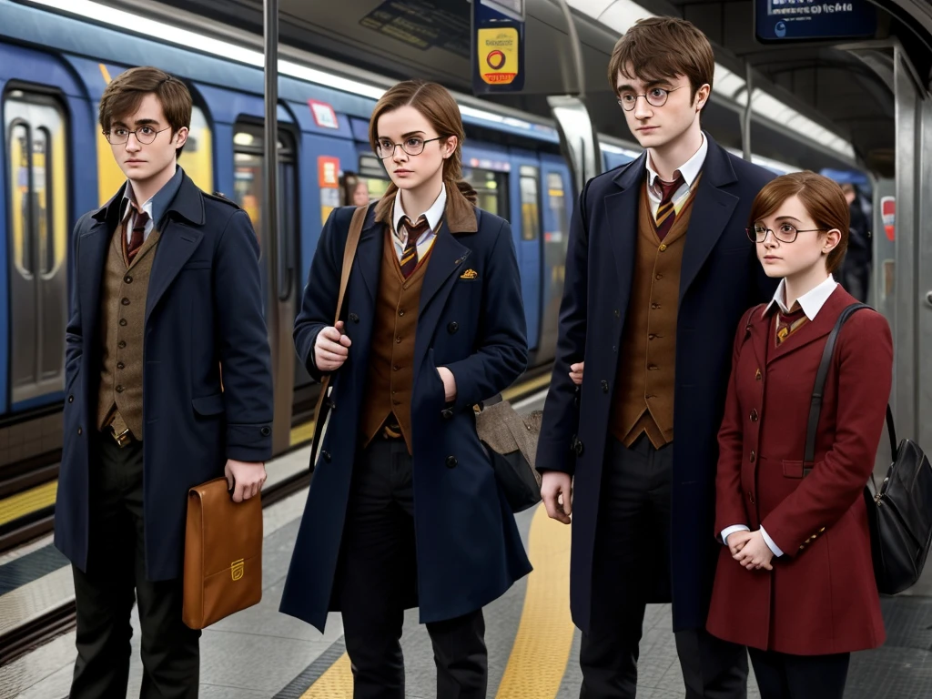 A adult Emma Watson and Adult Daniel Radcliffe in spectacles is standing at a metro subway train station waiting for the metro train. Both are in Harry Potter Uniform and looking, there are passengers on the station as well.