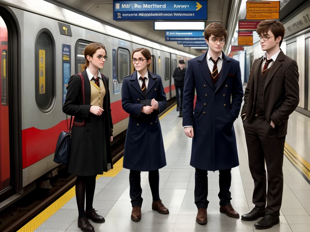 A adult Emma Watson and Adult Daniel Radcliffe in spectacles is standing at a metro subway train station waiting for the metro train. Both are in Harry Potter Uniform and looking, there are passengers on the station as well.