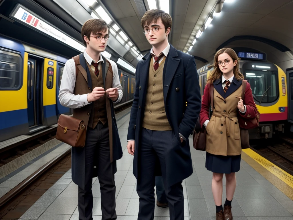 A adult Emma Watson and Adult Daniel Radcliffe in spectacles is standing at a metro subway train station waiting for the metro train. Both are in Harry Potter Uniform and looking, there are passengers on the station as well.
