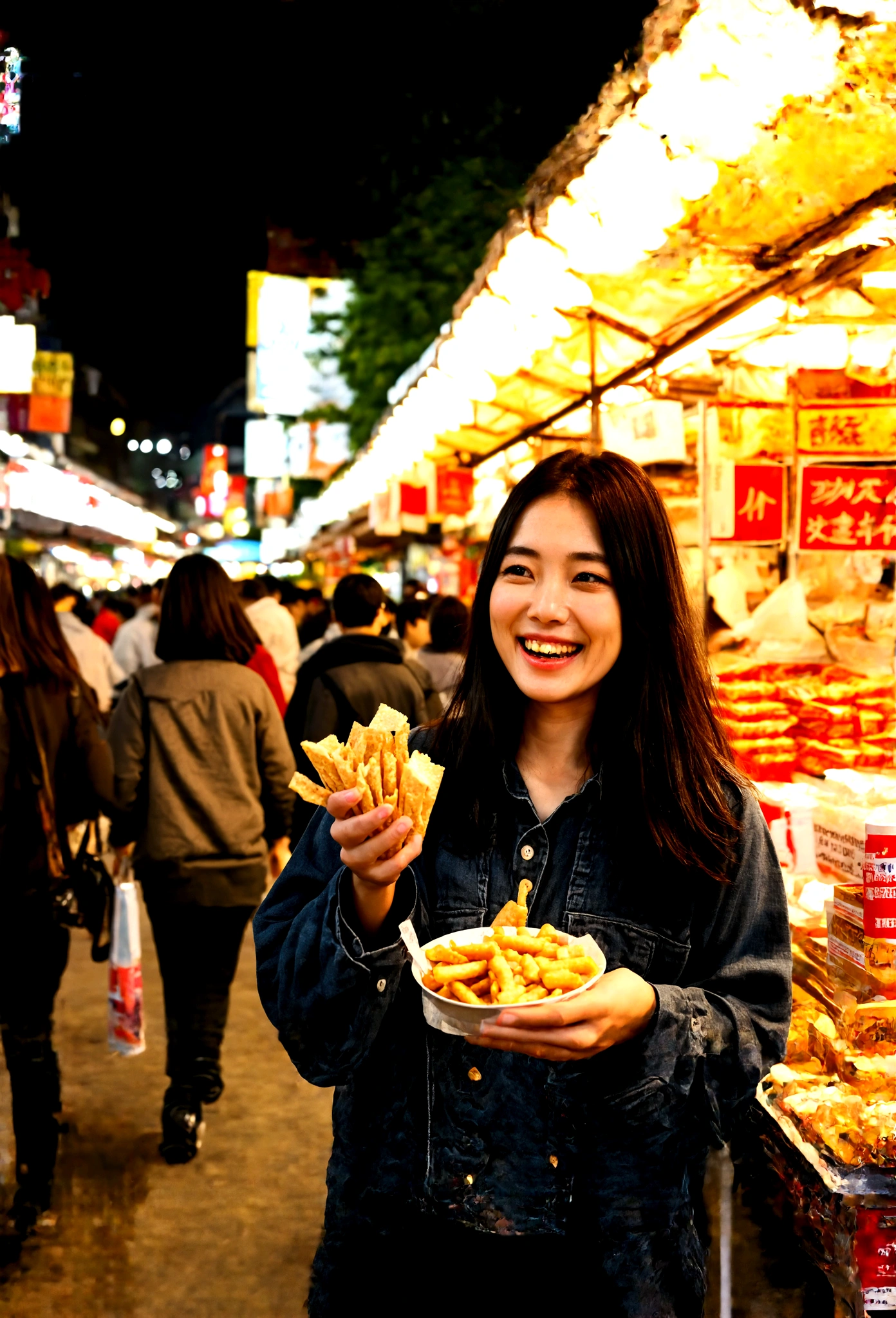 Bustling night market. The woman was wearing casual clothing, Bring snacks, Her face was full of joy and satisfaction..