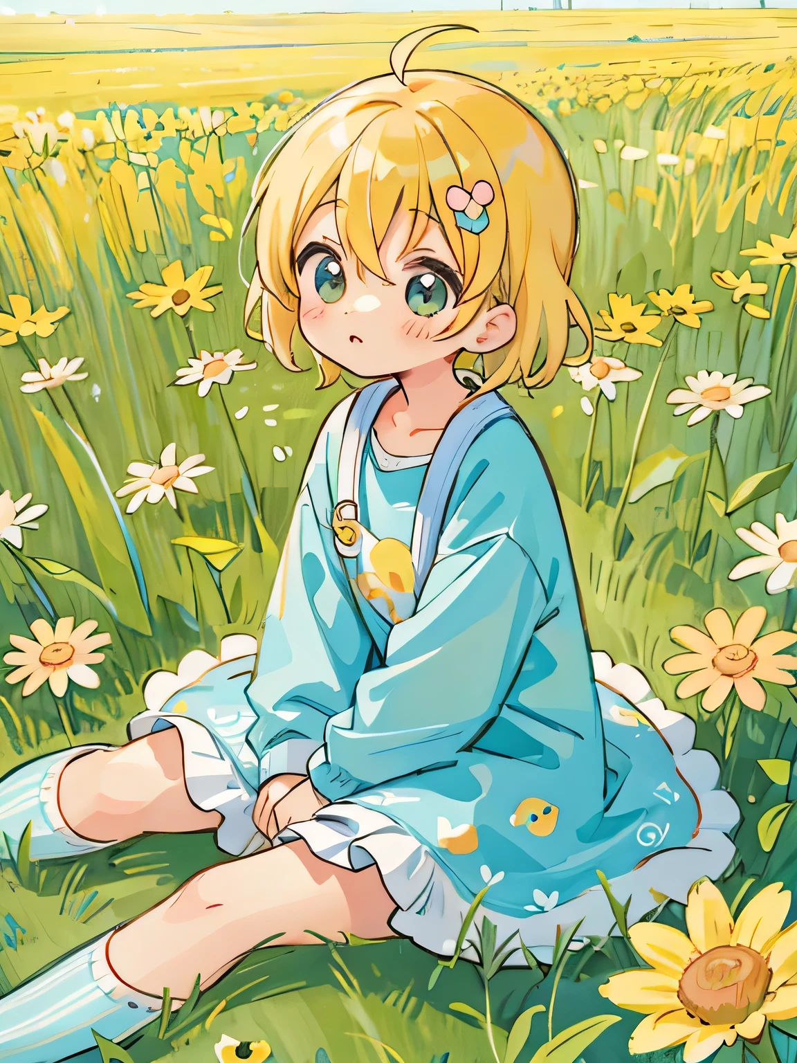Mika Pikazo style、Kawaii Design, most beautiful girl ever、chibi, (((sitting)))、Cute Aliens, field
